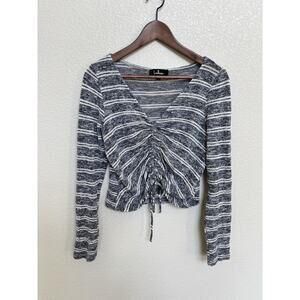LULU'S womens striped knit cinch crop top Large longe sleeve gray cozy cute